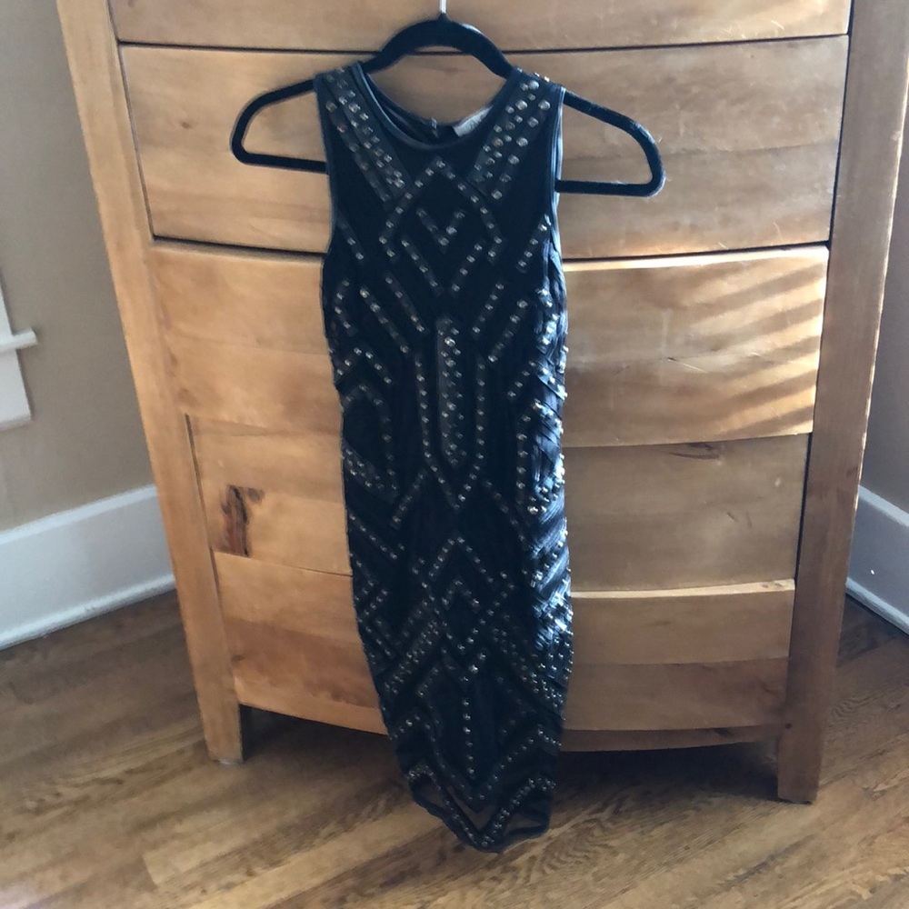 Parker Rodan black, faux leather and studded bodycon dress